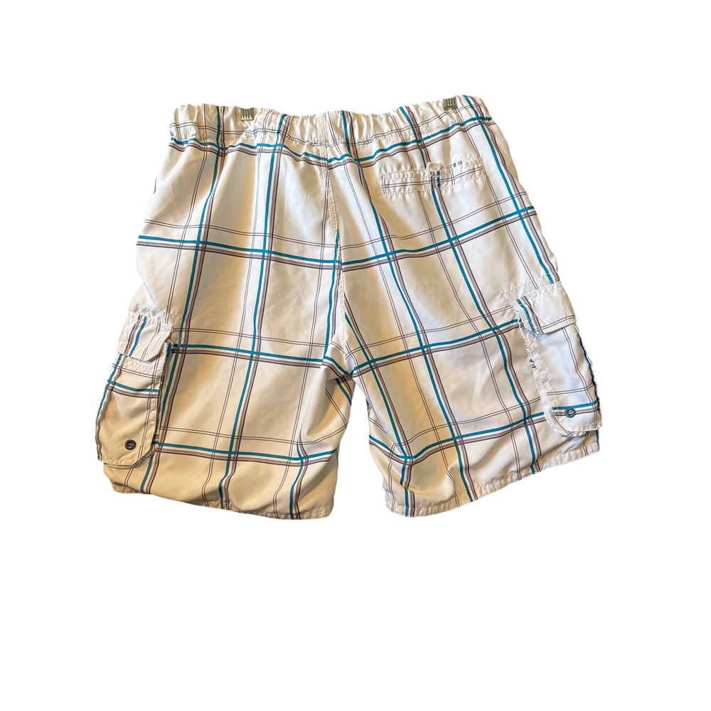 OP Ocean Pacific Mens Plaid Board Shorts White Blue Cargo Swim Trunks XL 40-42